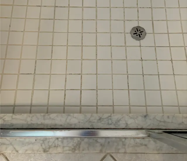 After: The same shower floor, white tile and clean grout around the drain.